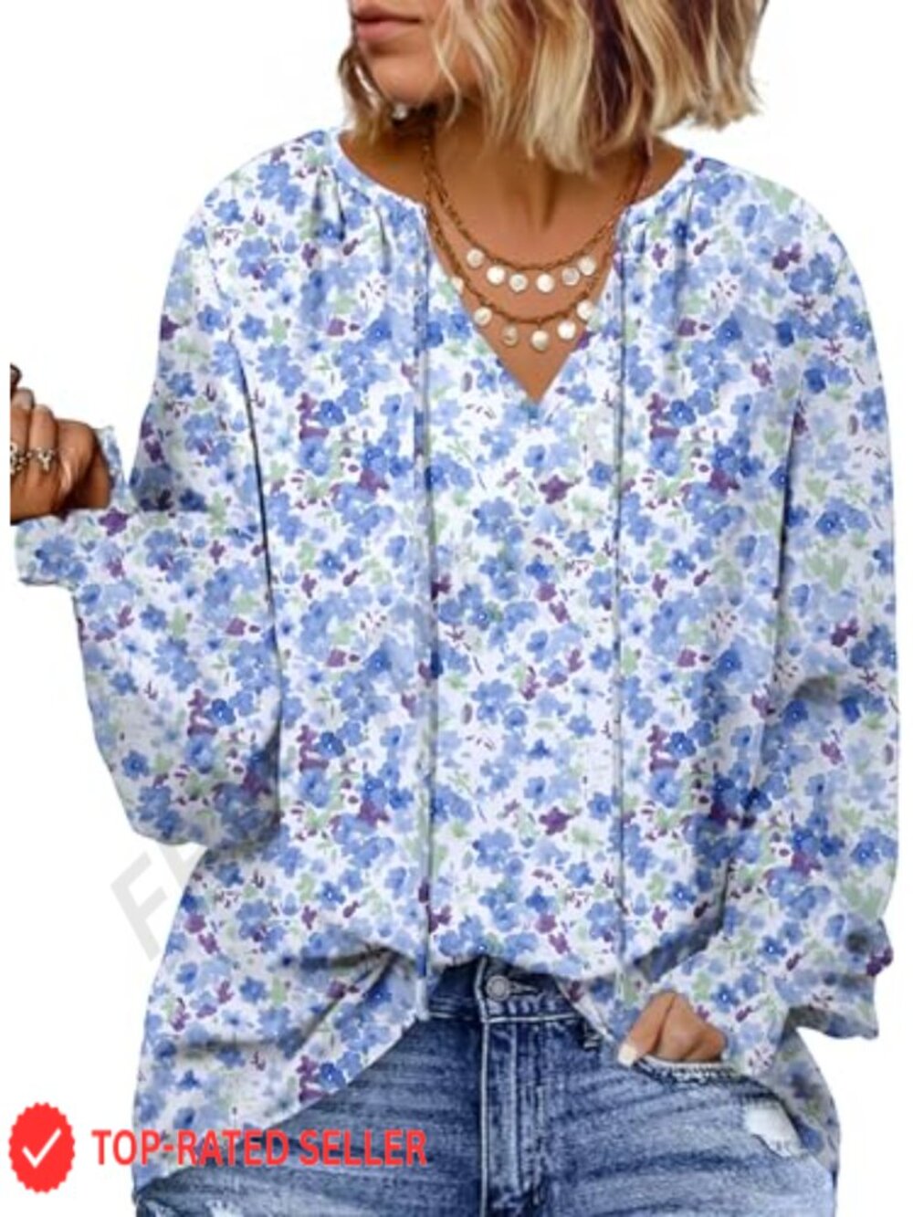 Plus Size Boho V Neck Long Sleeve Drawstring Blouse